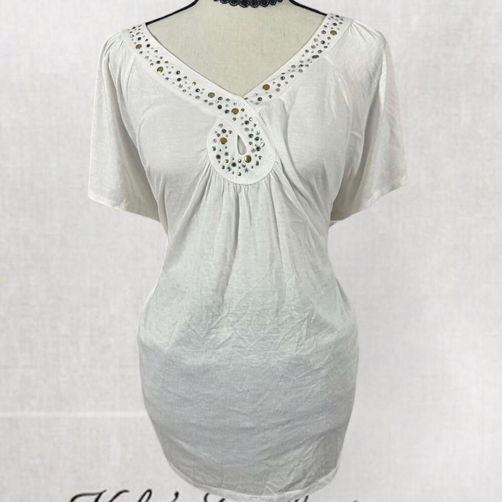 Vintage Style Rhinestone Decorated V-Neck Babydoll Lightweight Blouse